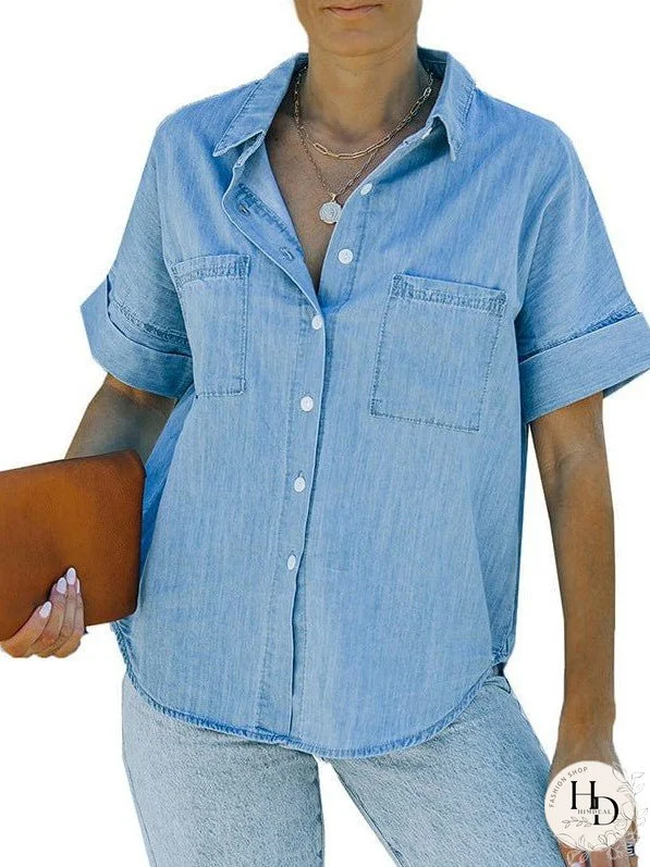 Women's Striped V-Neck Denim Shirt