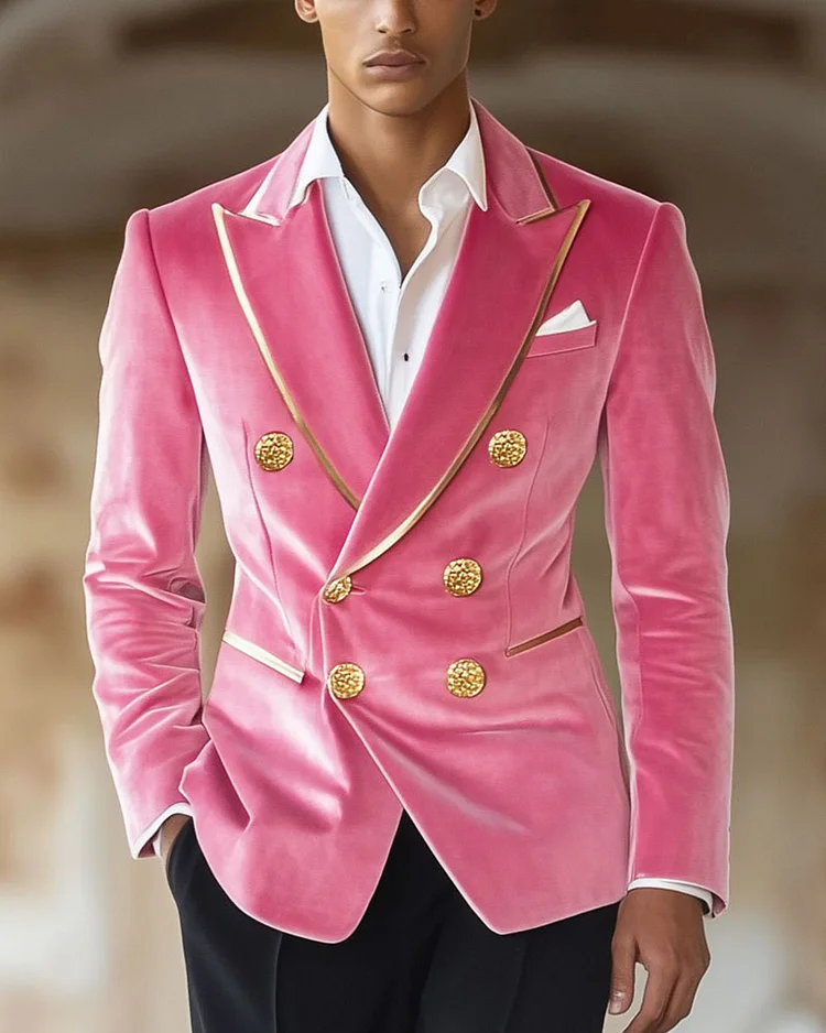 Men's Contrast Pink Velvet Double-Breasted Vintage Blazer