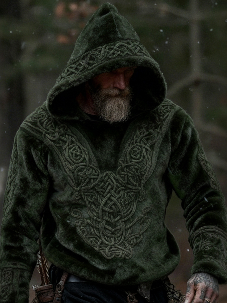 Men's Vintage Viking Tribal Jacquard Celtic Inspired Art Cozy Flannel Hoodie elevenforest