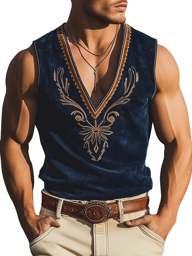 Western Cowboy Style V-neck Embroidered Tank Top