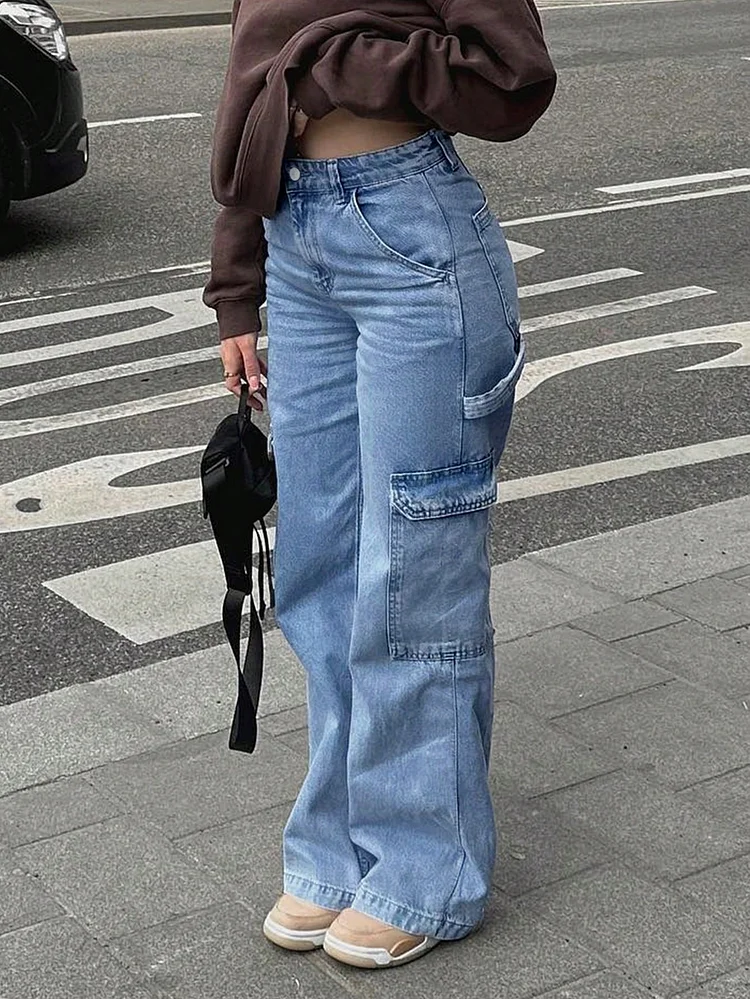 Women's High-Waisted Stretch Workwear Jeans - Vintage Y2k Streetwear Pants With Multiple Utility Pockets, Stretchy Non-See-Through Fabric For Everyday & Formal Outfits - Machine Washable All-Season Jeans, Casual Streetwear, Highwaisted Design