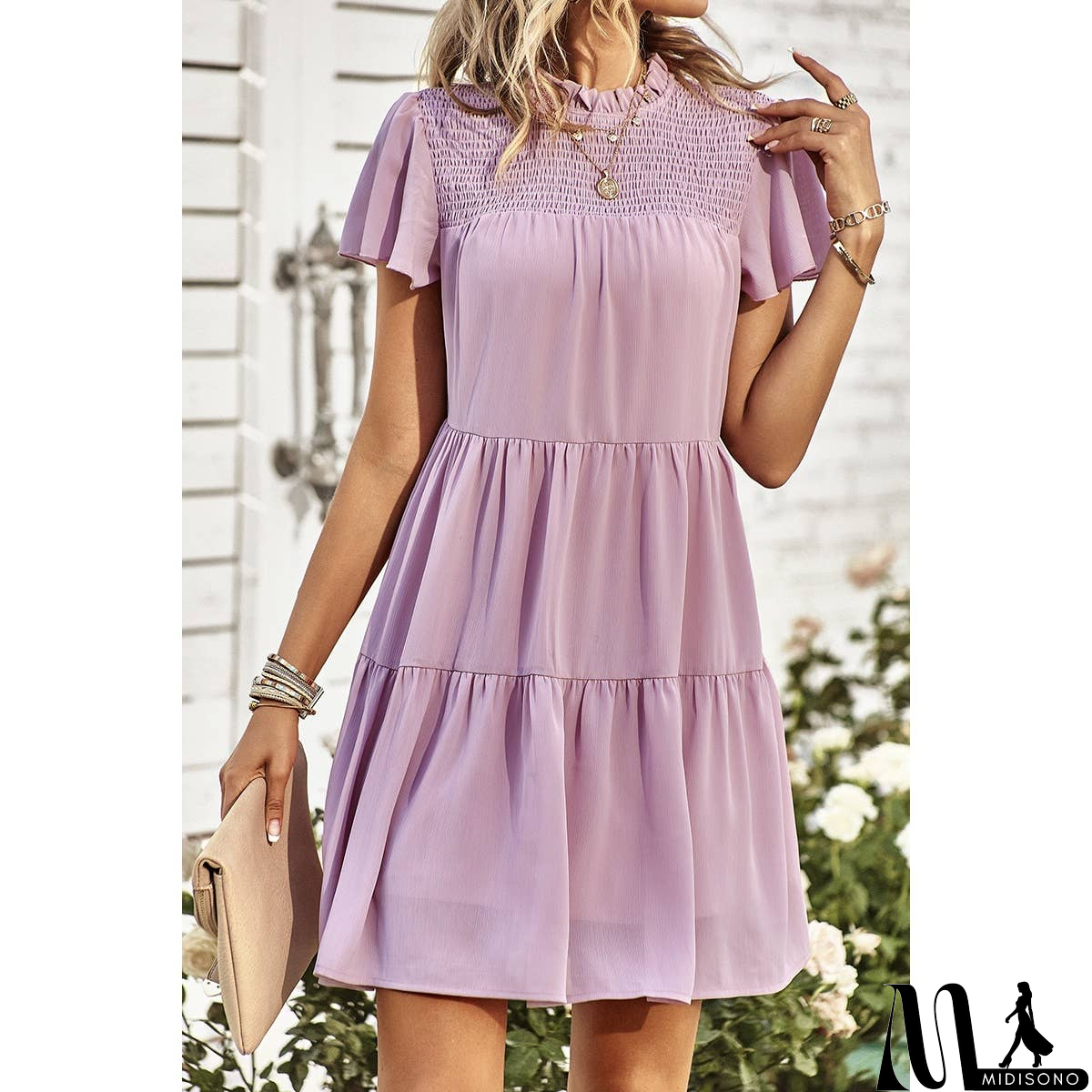 MidiSono - Loose Fit Solid Ruched Color Block Dress