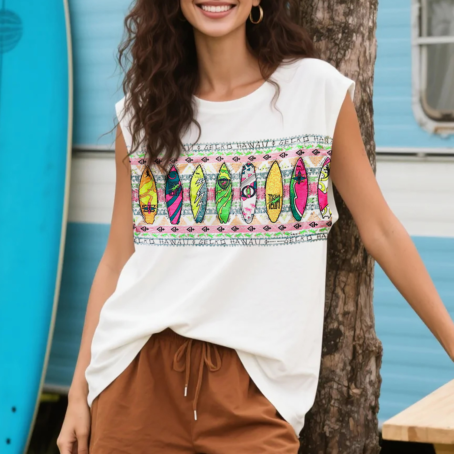Unisex Outdoor Casual Loose Round Neck Cotton Sleeveless T-shirt Hawaiian Print Top