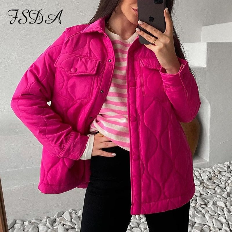 FSDA Green 2021 Autumn Winter Long Sleeve Jacket Cotton Women Oversized Parkas Coat Quilted Turn Down Warm Loose