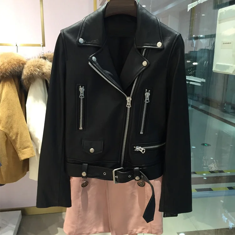 FTLZZ New Autumn Women Pu Leather Jacket Woman Zipper Belt Short Coat Female Black Punk Bomber Faux Leather Outwear