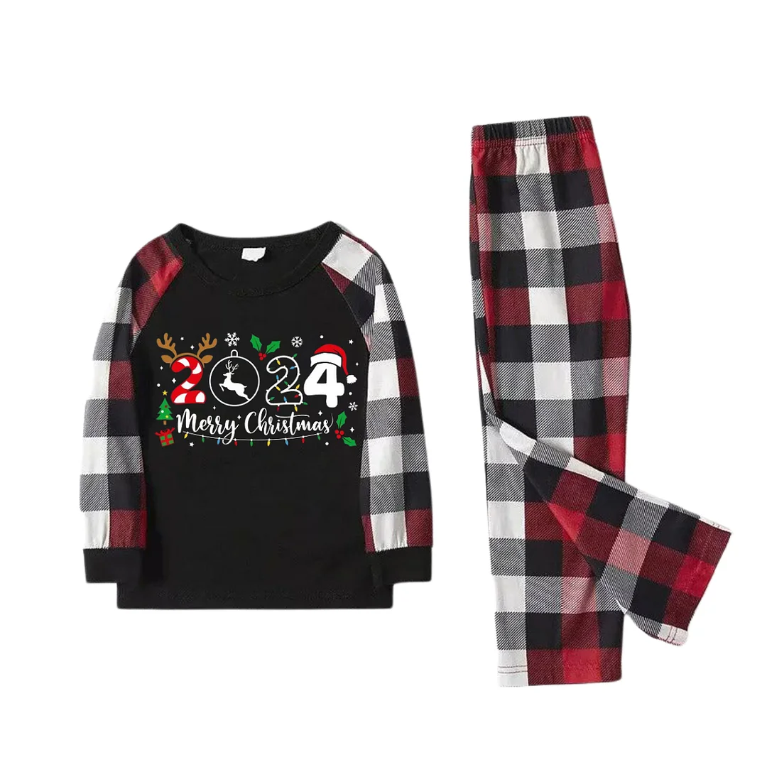 "2024 Merry Christmas" Text Snowflake Printed Pattern - Black Top with Red&Black&White Plaid Sleeves - Family Matching Pajamas