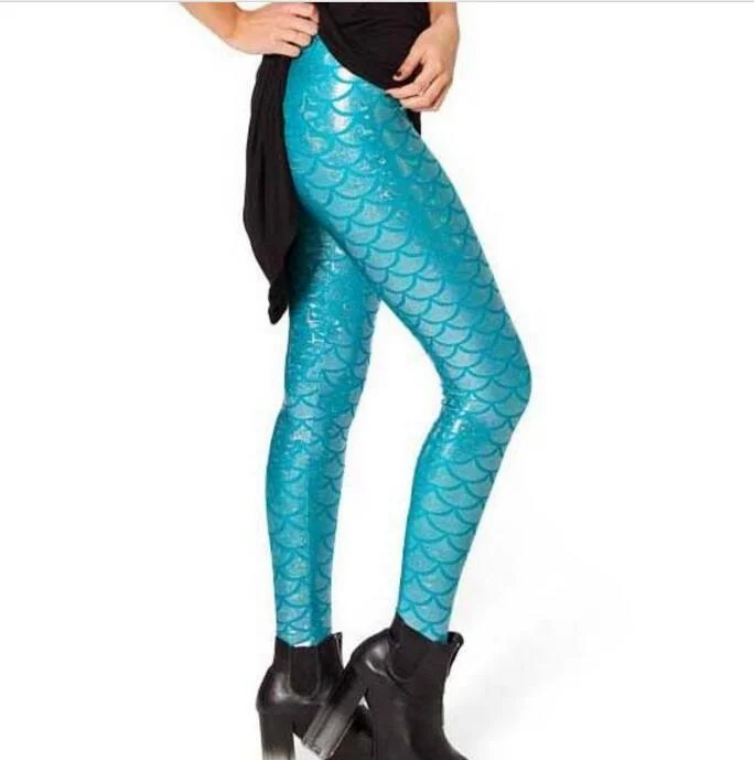 CUHAKCI Women Fish Scale Print Mermaid Leggings Push Up Stretch Shiny Pants Casual Trousers