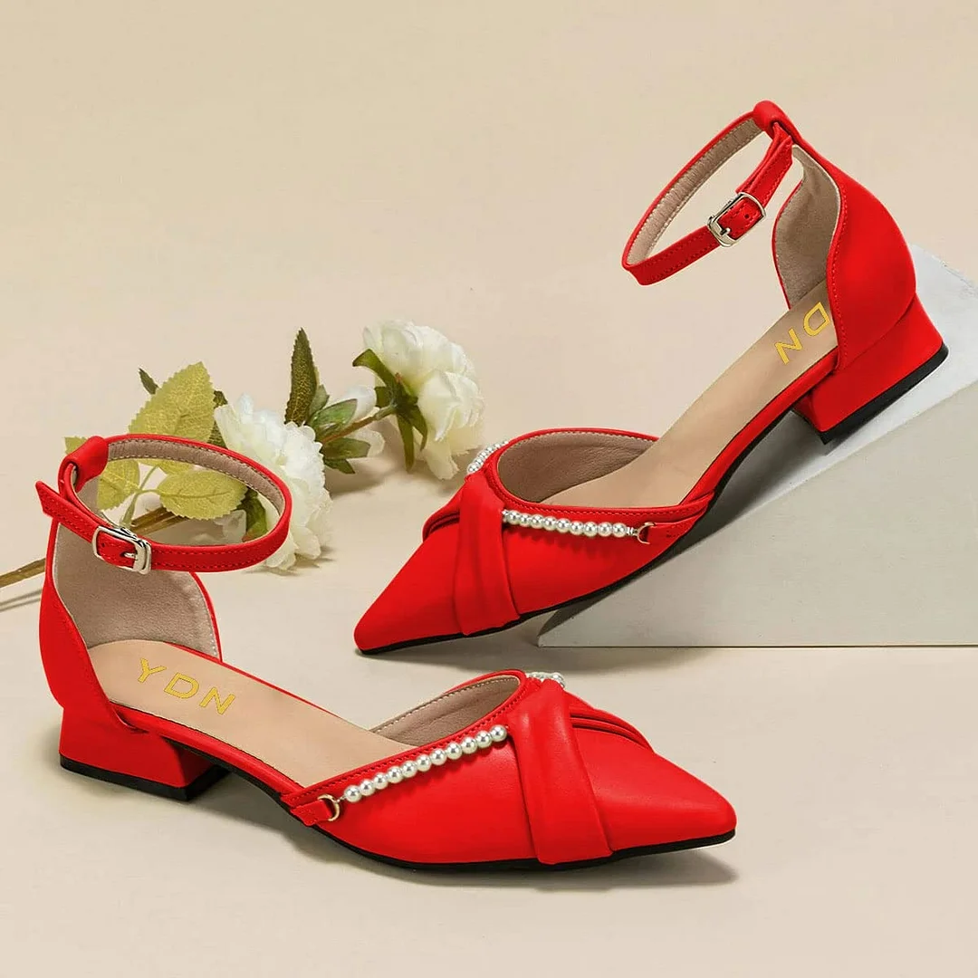 Fashion Pointed Toe Flat Buckle Ankle Strap Red Pumps with Pearl