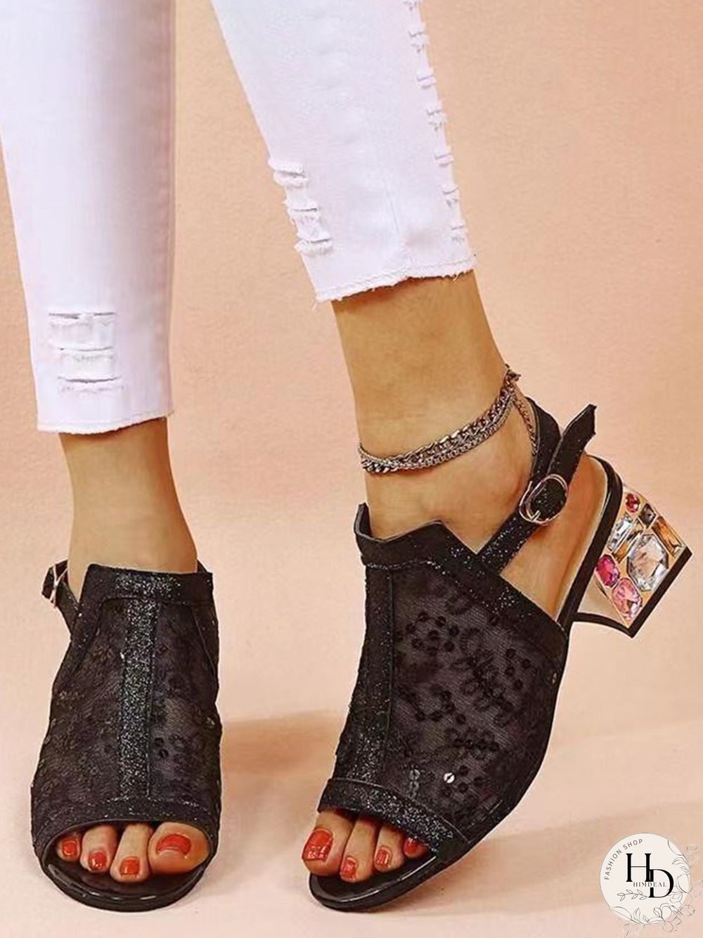 Mesh Sequined Fish Mouth Chunky Heel Sandals