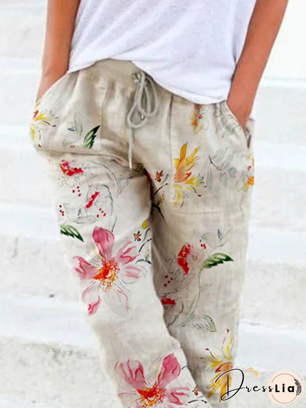 Casual Floral Autumn Polyester Natural Lightweight Loose Straight pants Regular Size Casual Pants for Women