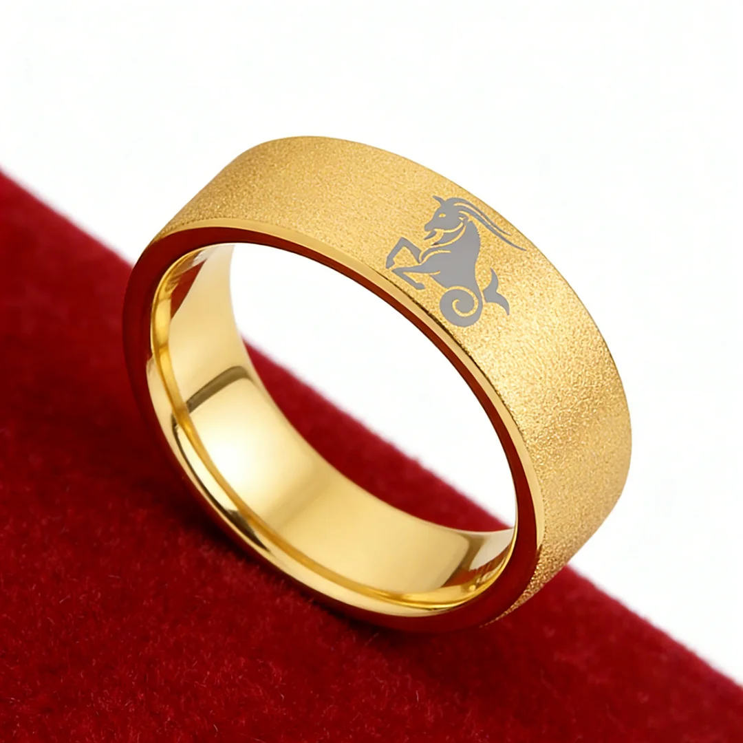 Men Women Gold Capricorn Tungsten Carbide Rings Couple Wedding Bands Flat Comfort Fit 4MM 6MM 8MM