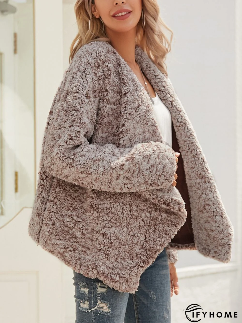 Brown V Neck Cotton-Blend Long Sleeve Plain Jacket | IFYHOME