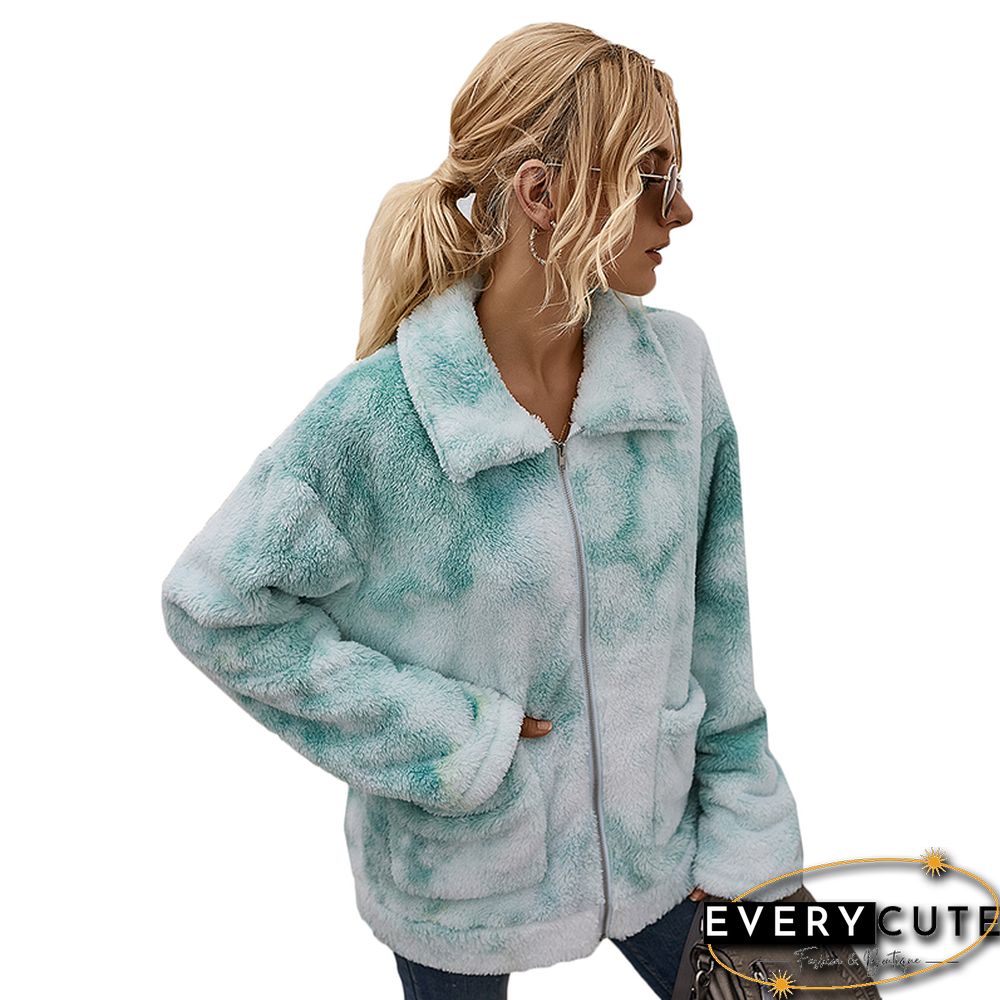 Light Green Tie Dye Zippered Furry Jacket