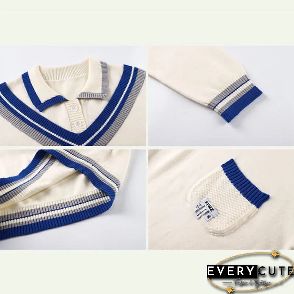 Colorblock Polo Knit Sweater Denim Pants Two Pieces Set