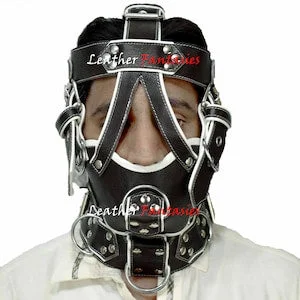 pornhint Pornhint Leather BDSM Gear Face hood fetish Slave extreme Bondage Muzzle Gag with D rings/ Leather Bondage Muzzle Face Restraints heavy duty belted