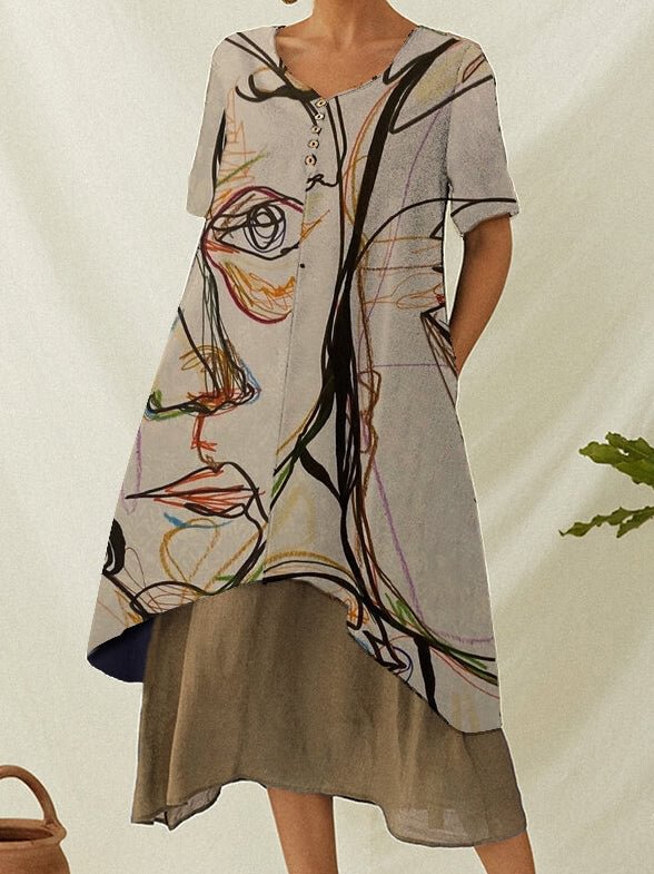 Abstract Portrait Print Casual Sleeveless Buttoned Maxi Dress