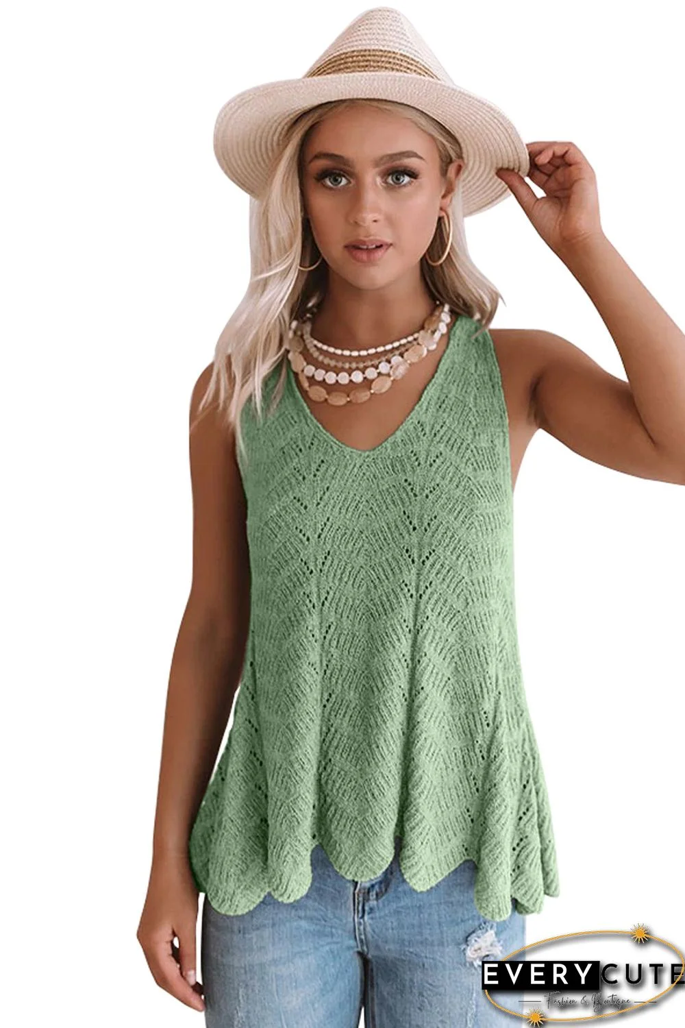 Green Flowy Scalloped Hemline Knit Tank Top