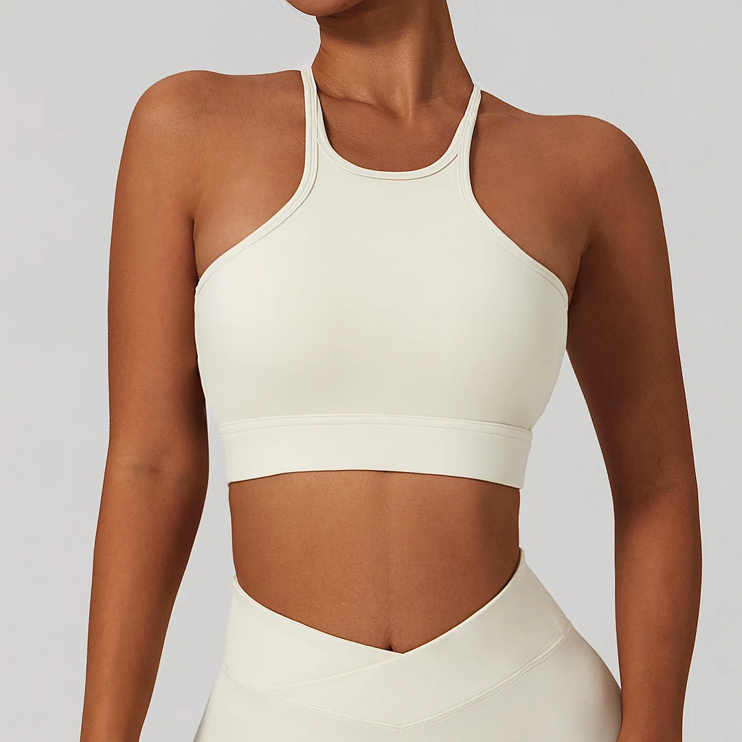 Back crossed solid color sports bra