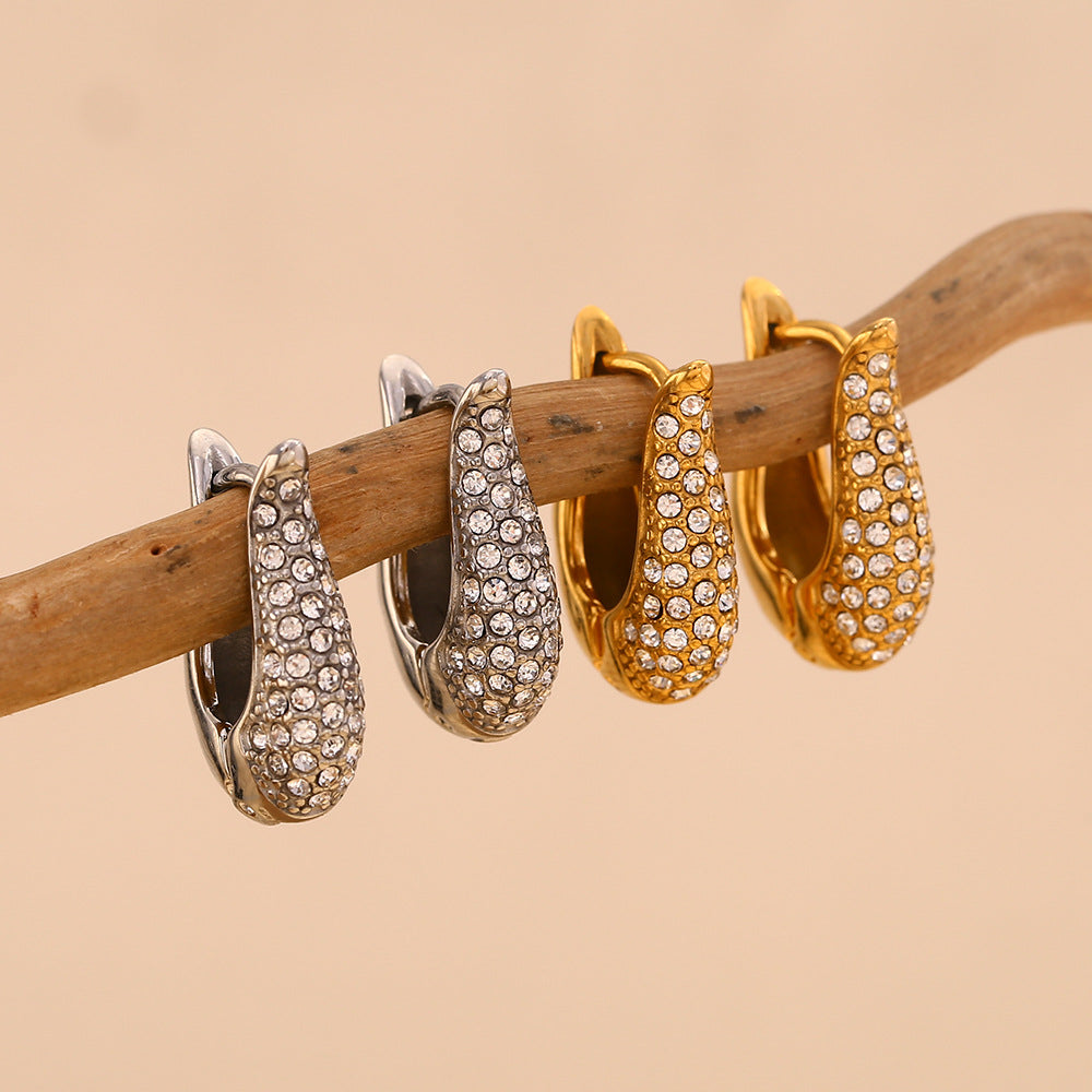 Fashionable And Personalized Popular Niche Earrings 316L Stainless Steel Plated With 18K Gold U-Shaped Full Diamond Small Ear Buckle
