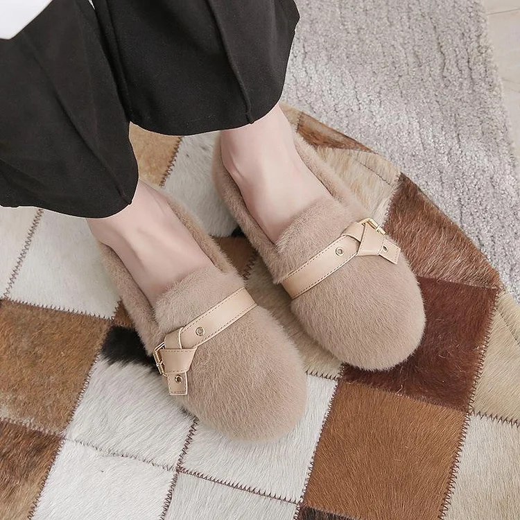 Furry Outer Wearing Flats Loafers Belt Buckle Decor Backless  Wild Fluffy Flat Mules Warm QueenFunky