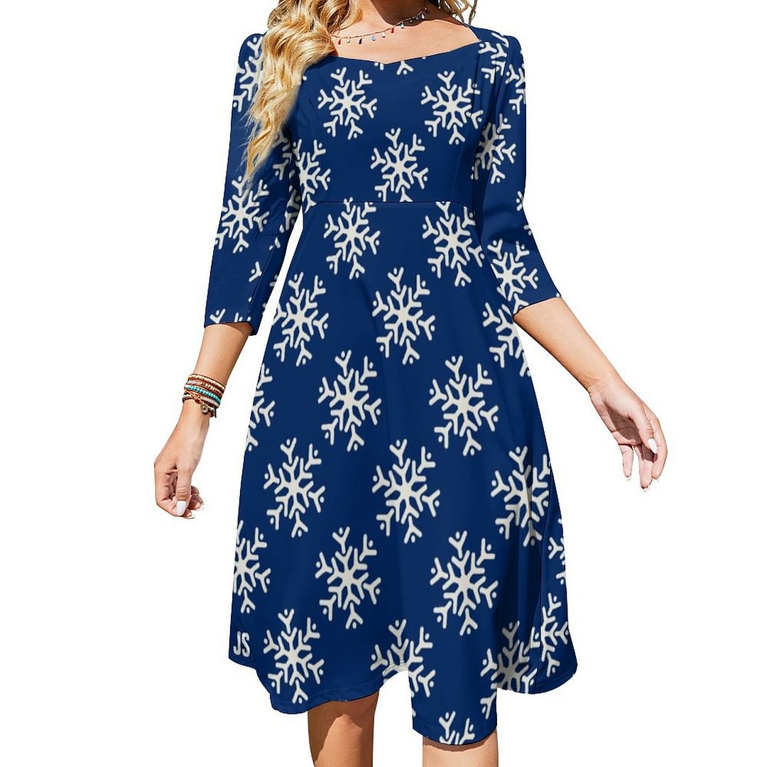 Monogrammed Winter White Snowflake Your Color Dress Sweetheart Tie Back Flared 3/4 Sleeve Midi Dresses