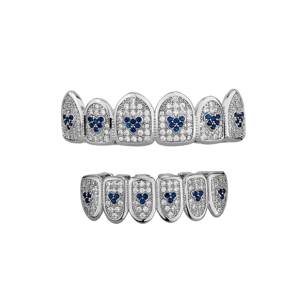 Hip Hop Teeth Grillz Top&Bottom Set Full Diamonds Double Color Love Zircon Braces-VESSFUL