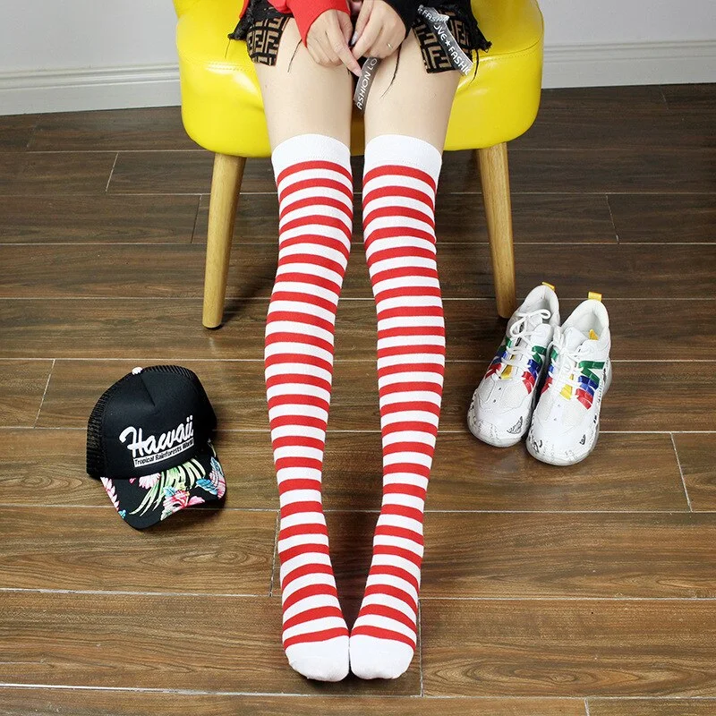 Stockings Women Striped Knitted Warm Winter Elasticity Kawaii Japanese Style Thigh High Womens Stocking All-match Simple daily