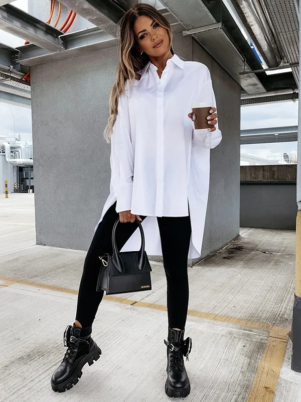 Urban Chic: Long Sleeves High-Low Solid Color Lapel Collar Blouses