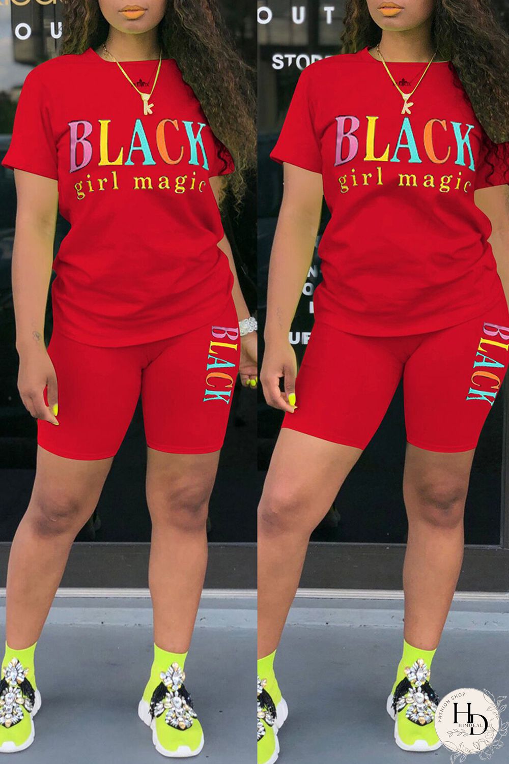 Black Fashion Casual Letter Print Basic O Neck Short Sleeve Two Pieces