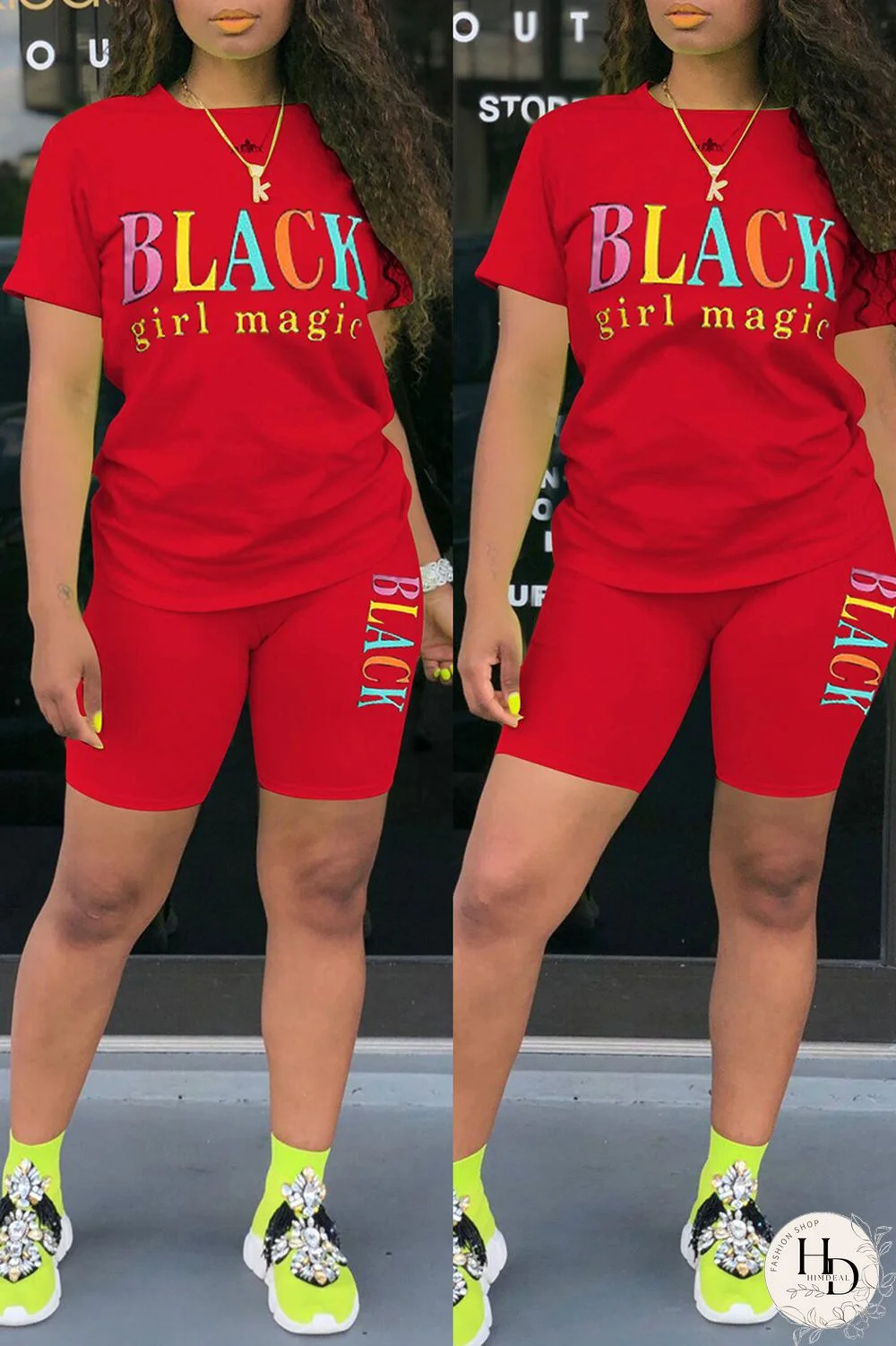 Black Fashion Casual Letter Print Basic O Neck Short Sleeve Two Pieces