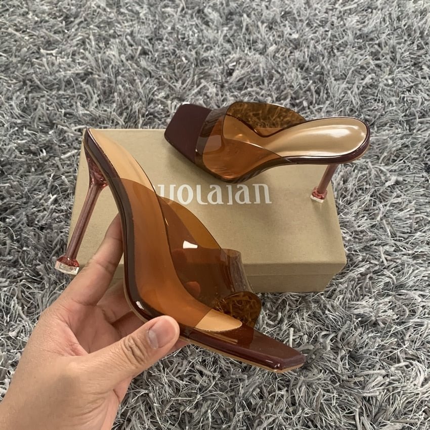 Summer Women sandals Sexy Transparent Heel Slippers Sandal Shoes Woman Thin High Heels Square Toe Sandal Lady Pump Shoes Mules
