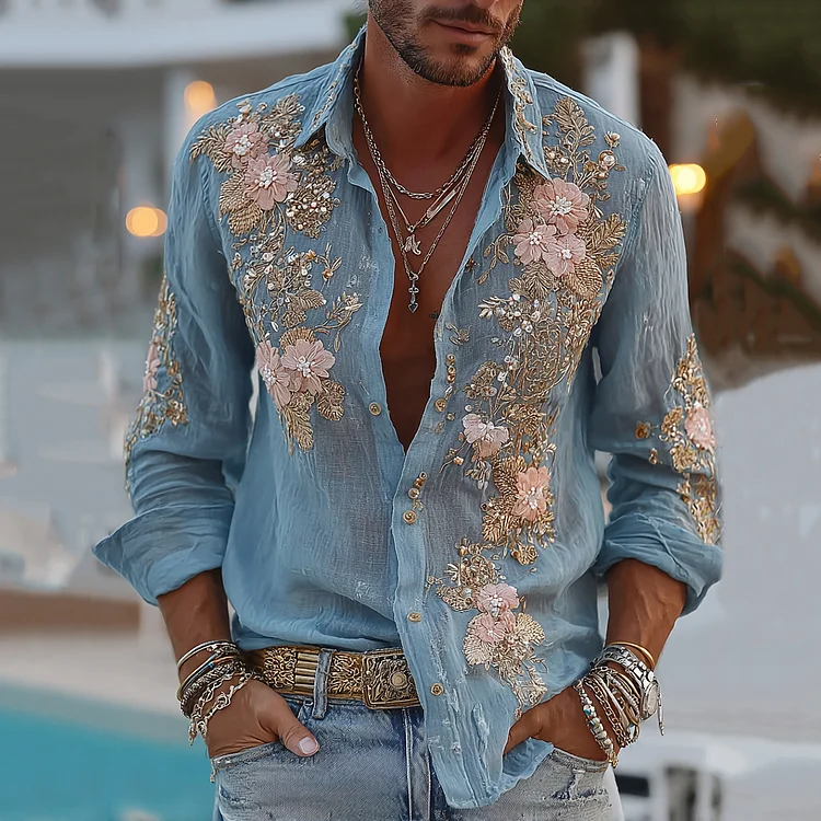 Men's Retro Floral Embroidered Comfy Linen Shirt
