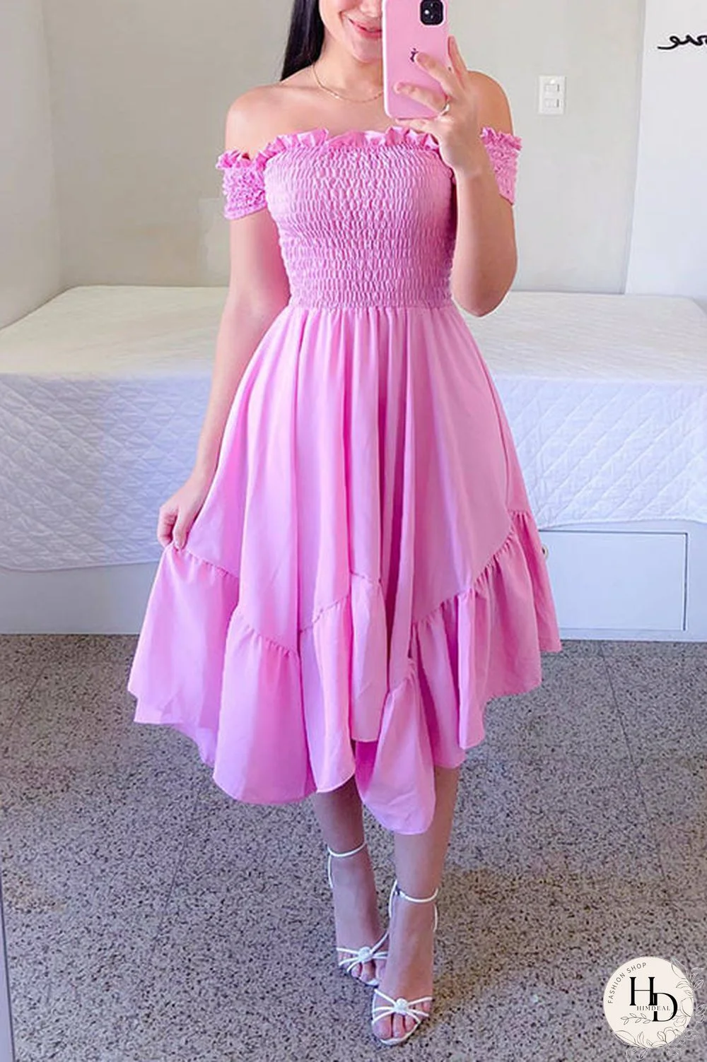 Shirred Bodice Off Shoulder Flap Asymmetric Dress