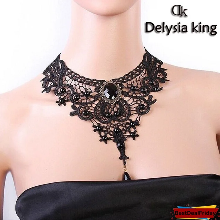 DELYSIA KING Vintage Gemstone Black Lace Beads Choker Gothic Steampunk Style Gothic Collar Necklace