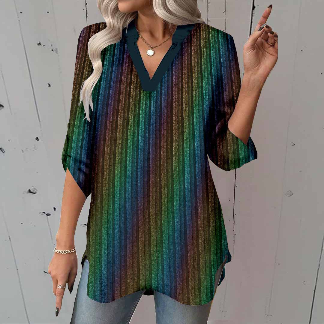 Women Gradient, Green, Red DZGA0347 3/4 Sleeve V-neck Printed Graphic Button Tops