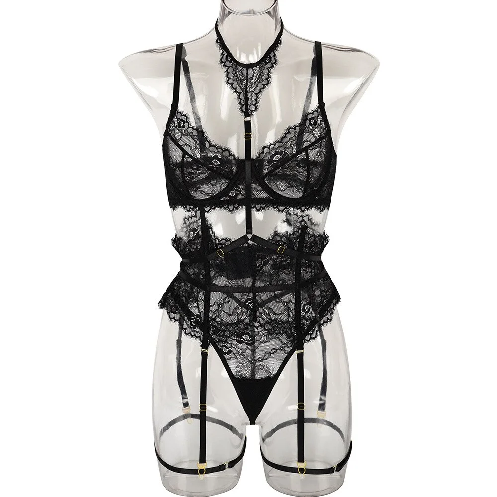 Billionm Halter Neck Bandage Bra Thongs Underwear Sexy Lingerie Lace See Through Bra and Panty Set with Garter Belt Suspenders