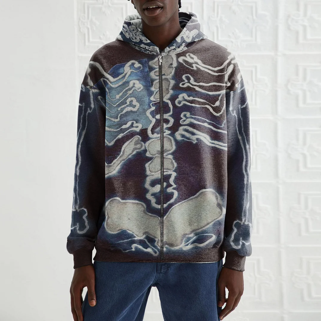 Street style personality skull print long-sleeved hoodie men