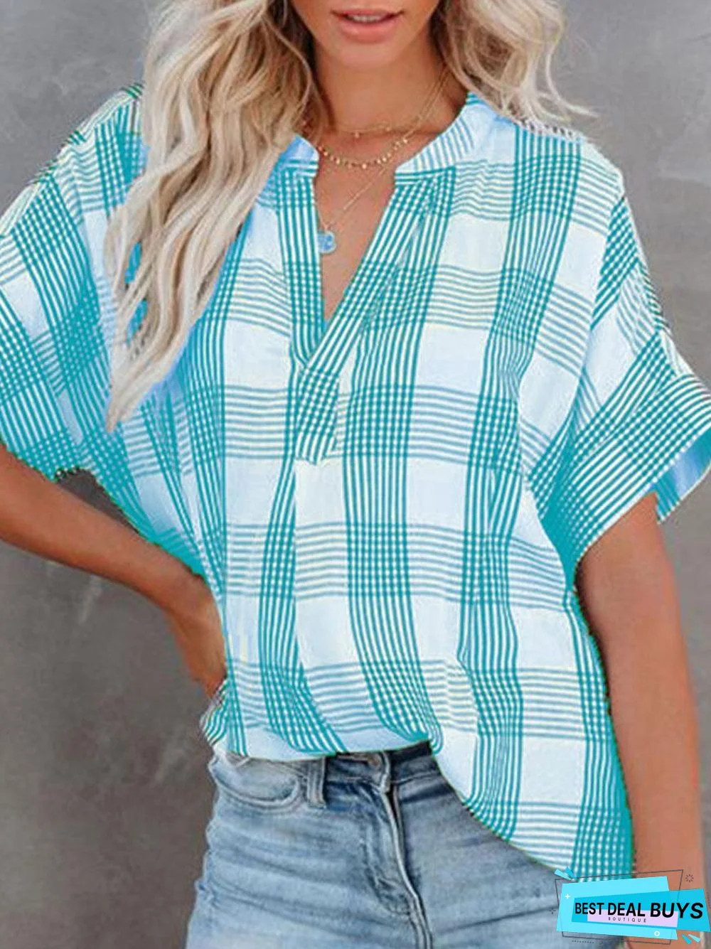 Check Print Casual Loose Short Sleeve Blouse