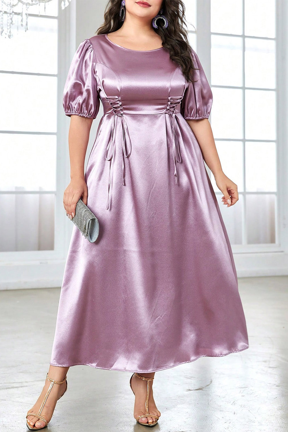Plus Size Wedding Guest Purple Satin Puff Sleeve Lace-Up Midi Dress 2024 - Flycurvy 