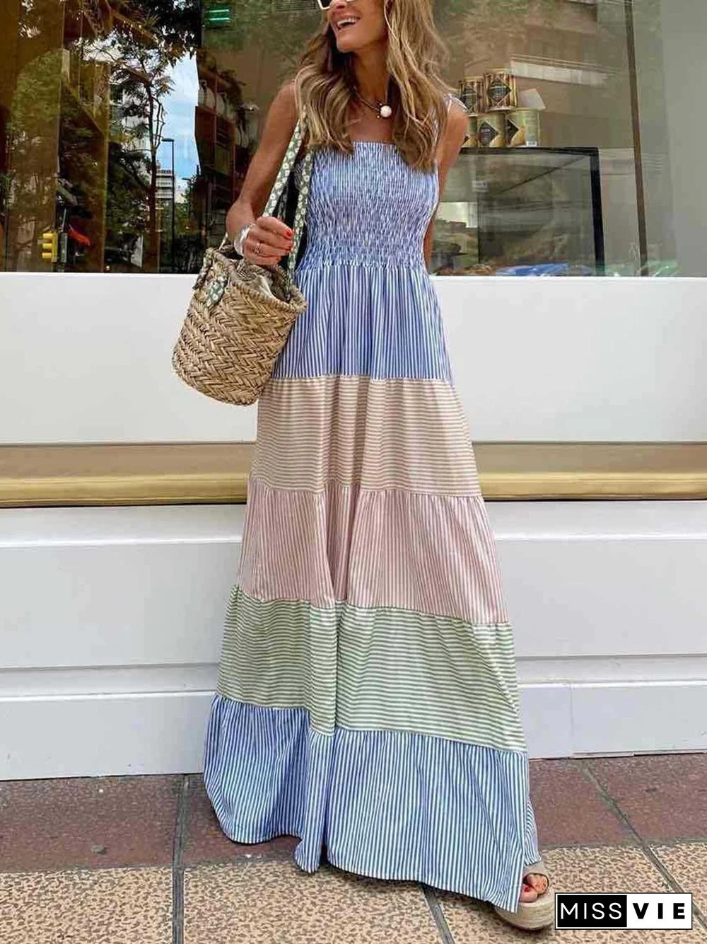 Colorblock Striped Straps Smocked Maxi Dress P10999