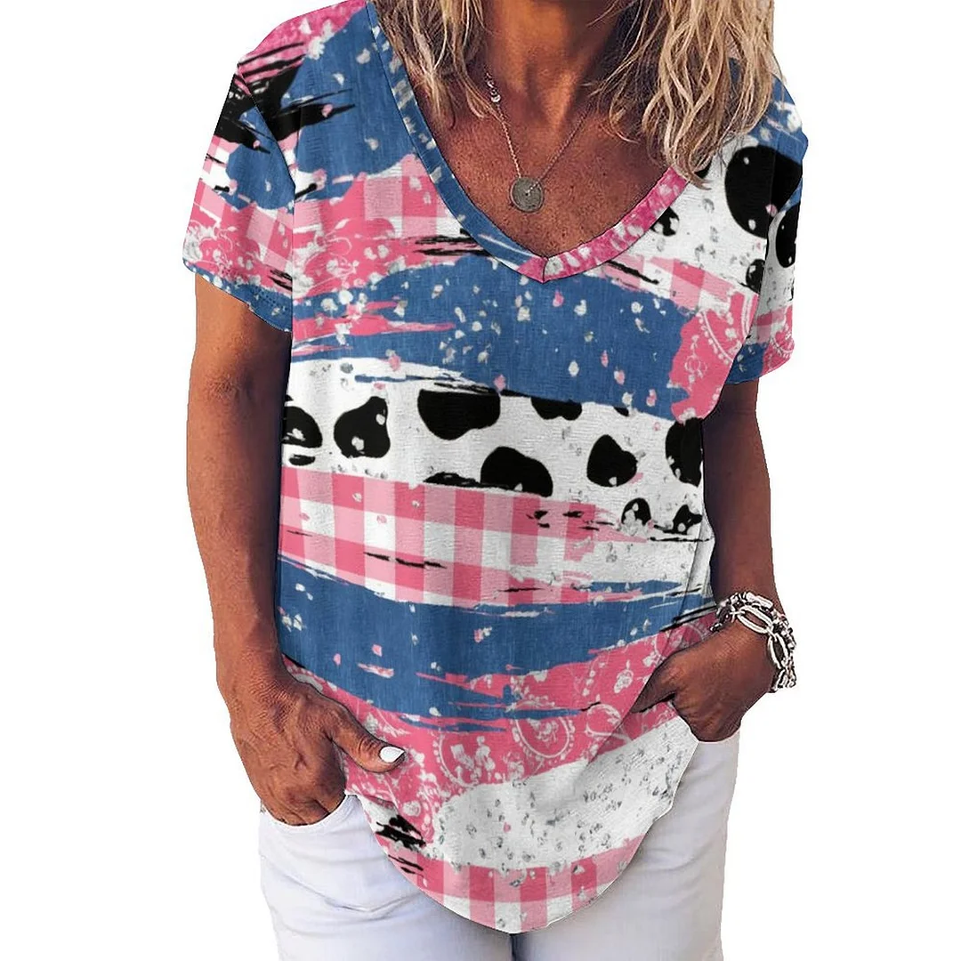V-neck Short Sleeve Casual T-shirt for  Women Printed with Pattern Striped, Pink, Blue, Plaid