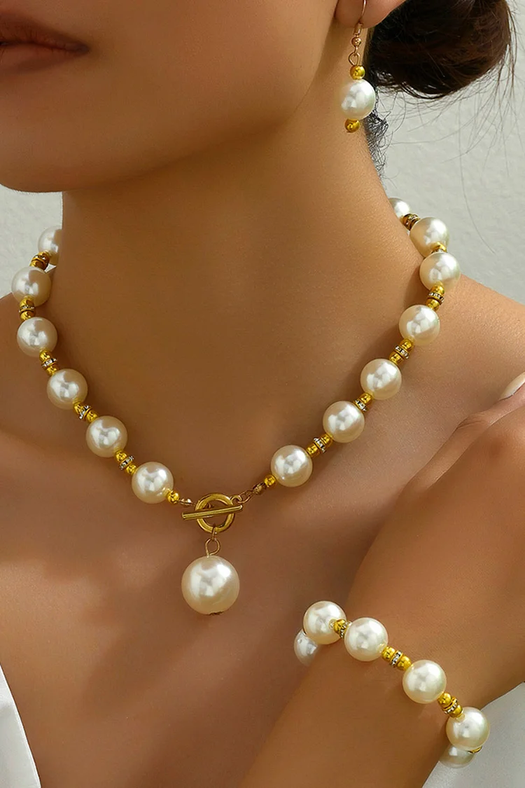 Wedding Pearl Beaded Chain Earrings Necklace Bracelet Jewelry Set 2024 - Xpluswear