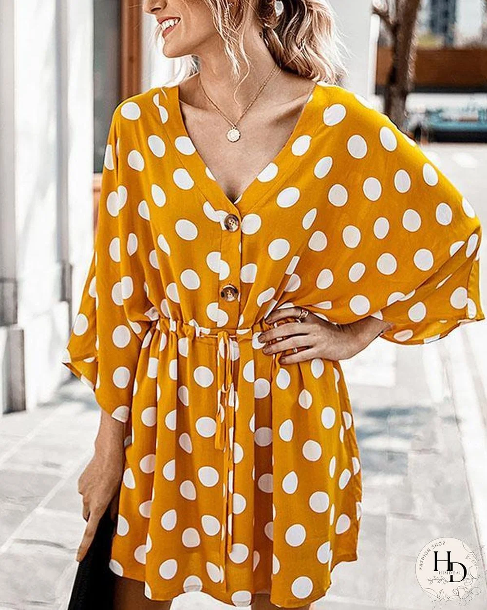 Sexy Button V Neck Straight Half Sleeve Polka Dot Mini Dresses