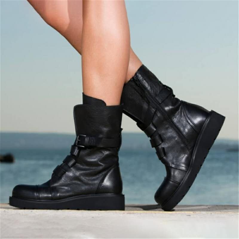 KAMUCC New Sexy Chain Women Leather Autumn Boots Block Heel Gothic Black Punk Style Platform Shoes Female Footwear High Quality 221