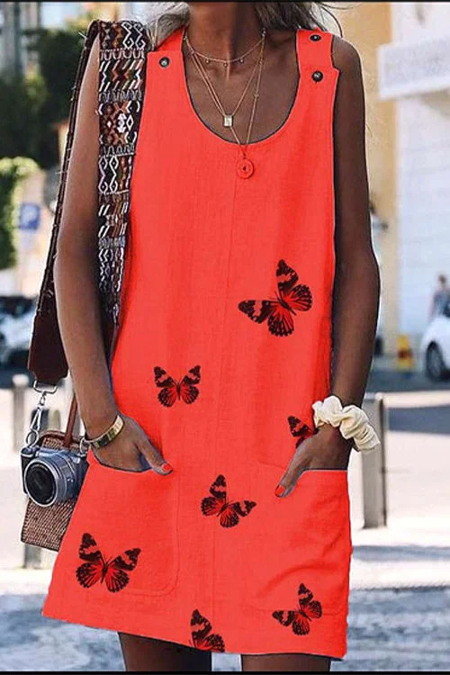 Scoop Neck Sleeveless Butterfly Printed Dress