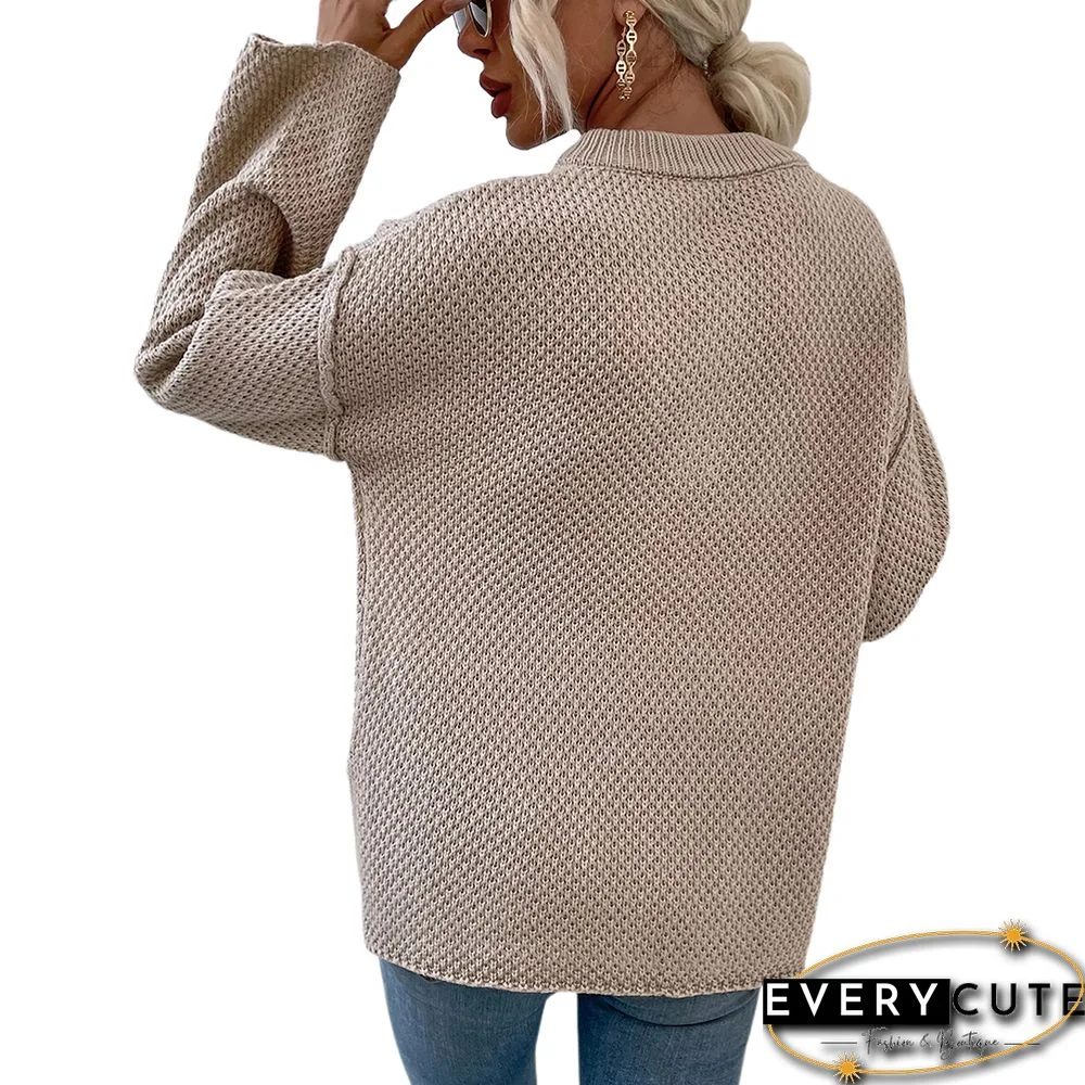 Khaki Button-up Crew Neck Drop Shoulder Knit Sweater