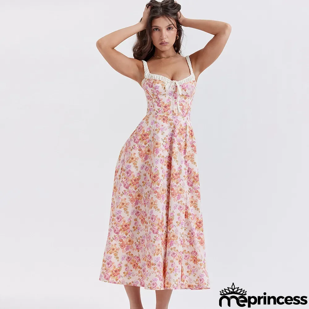 Straps Sexy Slit Floral Dress Women Summer Chic Slim Waist Slim Fit Long Dress