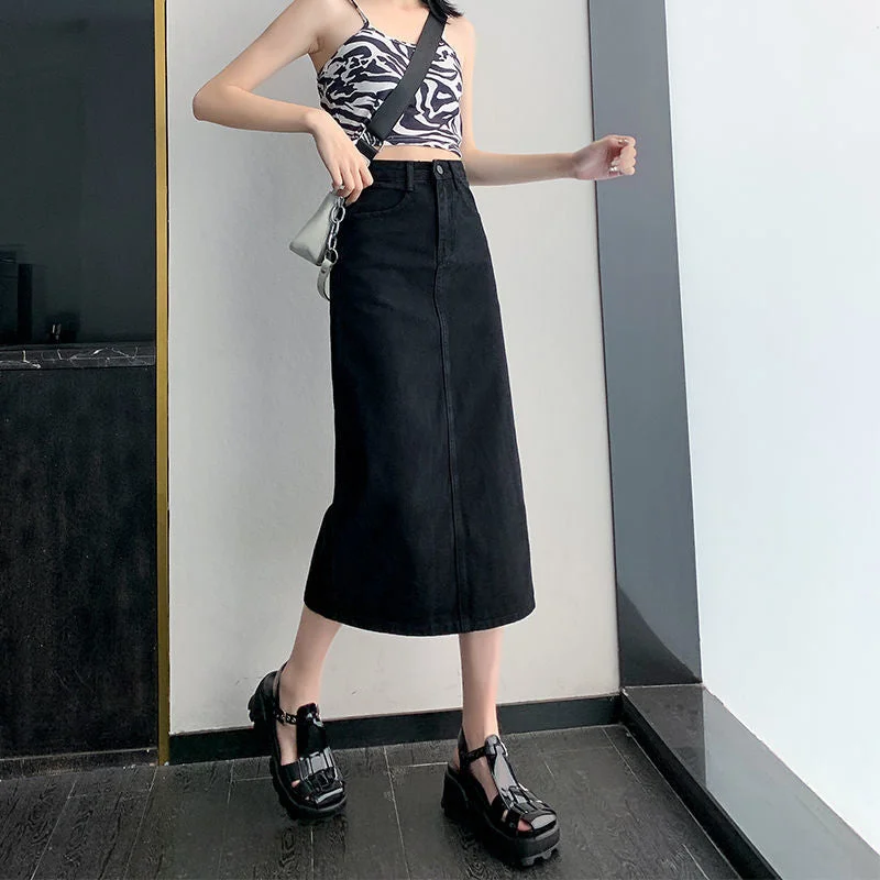 Denim Skirts Women A-line High Waist Solid Midi Skirt Casual Loose Korean Trendy Streetwear All-match Vintage Retro Teens Chic