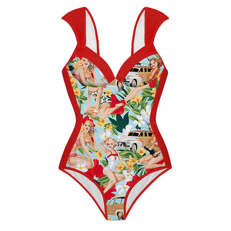 Retro Printed Red One Piece Swimsuit and Sarong Flaxmaker