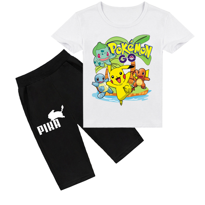 Mayoulove Pikachu Tee & Shorts Set for Kids - Cute Cartoon Characters Printed Design - Ideal for Boys & Girls Aged 3-10 - Breathable & Comfortable Material - Perfect for Casual Wear & Playtime-Mayoulove